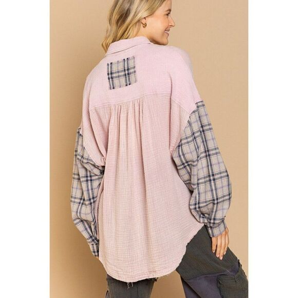 SALE! POL Clothing Long Sleeve Relaxed Fit Shacket Plaid Women's Mauve YKT19A - Picture 3 of 4